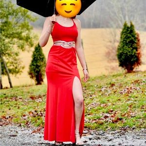 Red prom/formal dress with rhinestones and slit